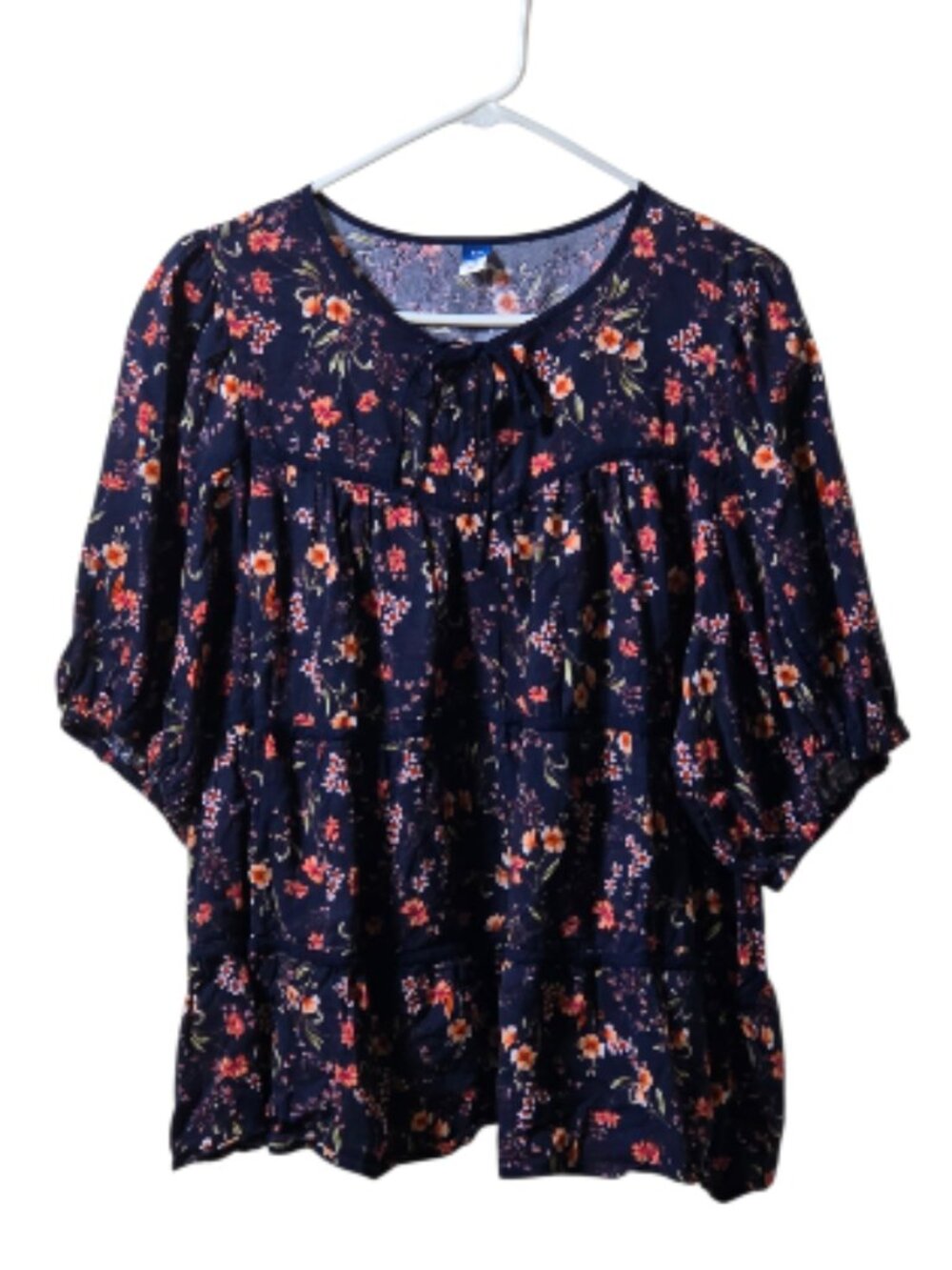 Old Navy XXL Navy Floral Boho Peasant Blouse Cotton Rayon Puff Sleeve Top